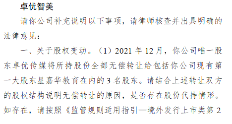 卓优智美港股IPO收证监会反馈意见：是否存在股份代持，校外培训合规性，向控股股东提供无息借款的金额原因