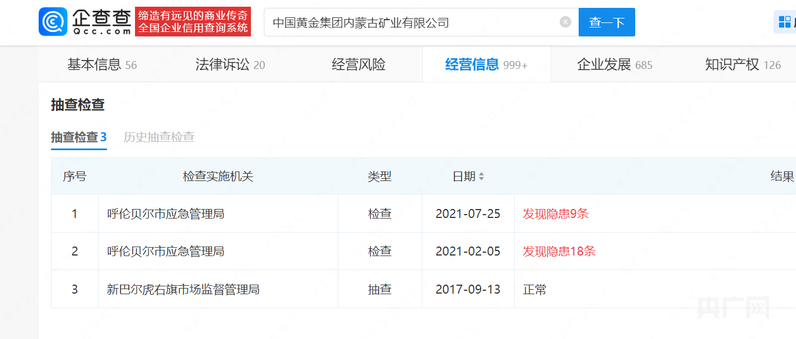 中金内蒙古矿业隐患信息（央广网发 图源企查查）